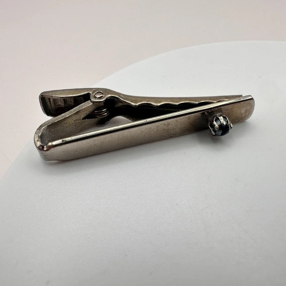 Vintage 80s Men's Tie Bar Clips Set Gold & Silver Tone Glass Stone Retro Jewelry